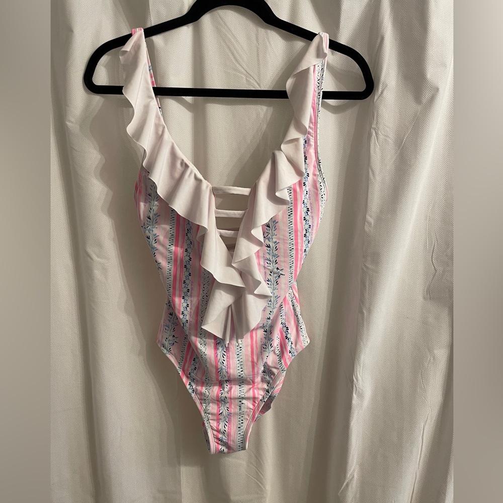 Lilly Pulitzer Pink and White Ruffled One-Piece Swimsuit